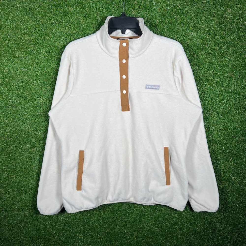 Columbia Womens XL Fleece Snap Pullover Cream Tan Mock‎ Neck Jacket